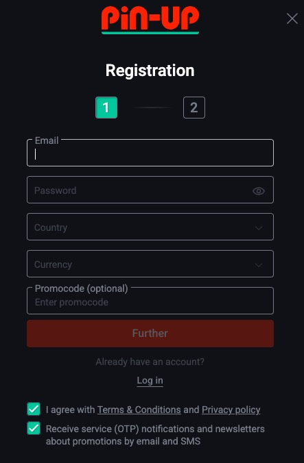 Pin Up mobile registration modal inside the app-style onboarding flow