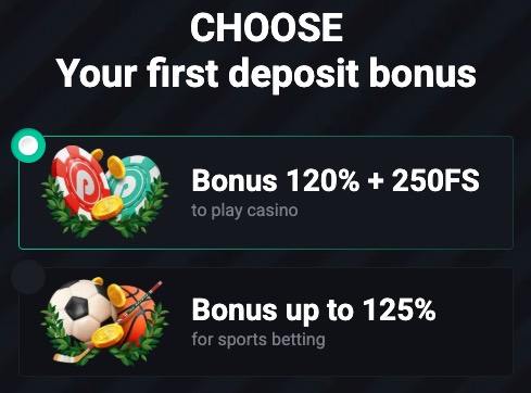 Pin Up registration screen with first deposit bonus choice and casino bonus option highlighted