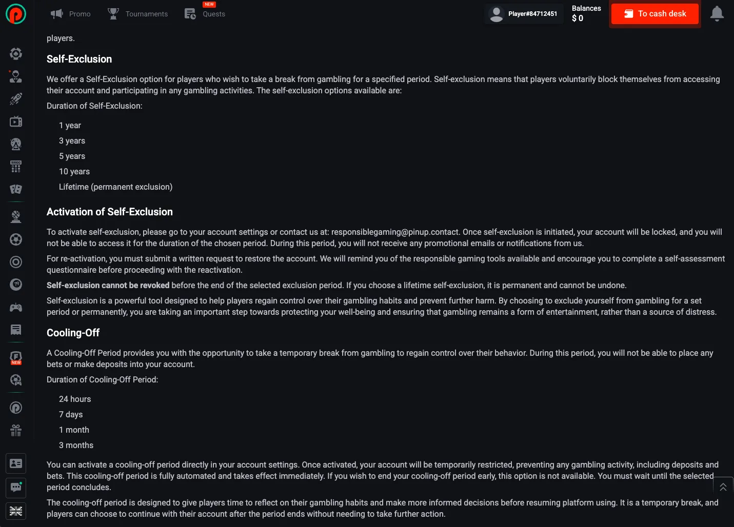 Pin Up self-exclusion and cooling-off settings page used for responsible gambling controls