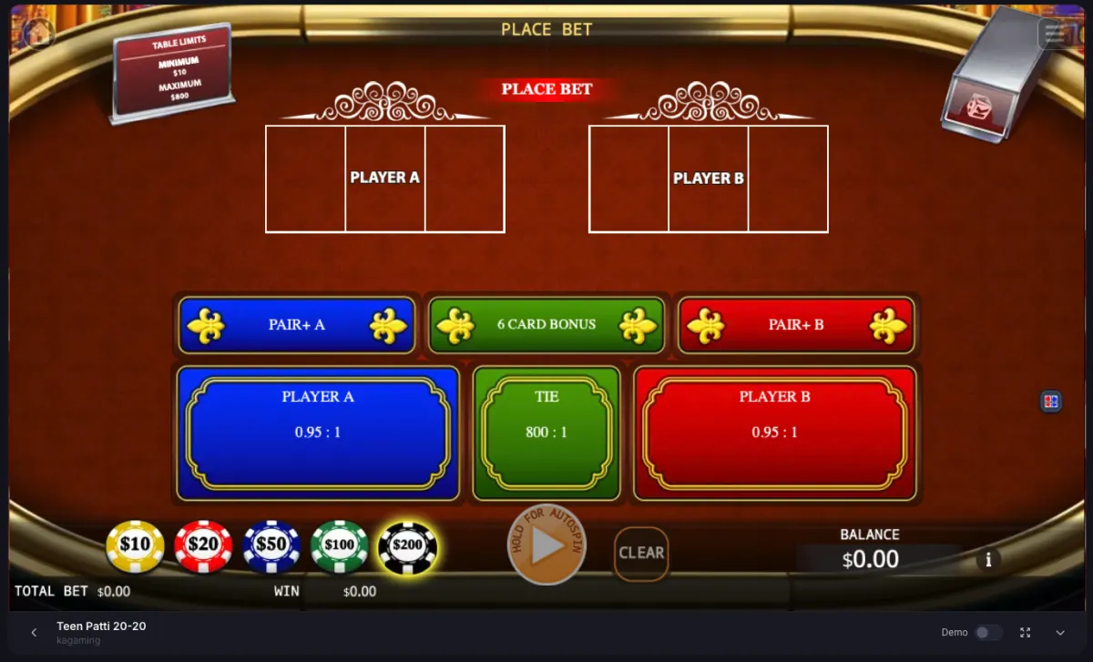 Teen Patti 20-20 table interface used as the baseline Classic layout before comparing Muflis, Joker, AK47, and Hukam variants