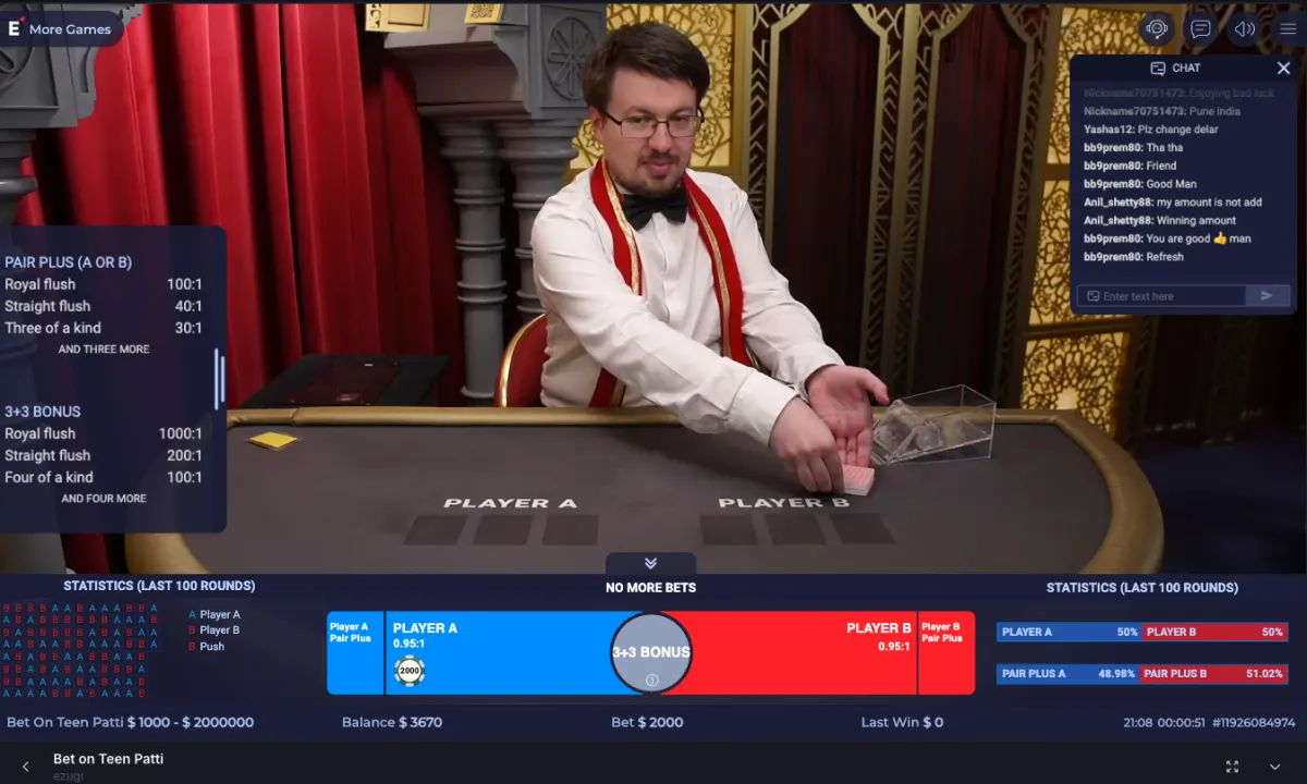 Pin Up Teen Patti live table during betting state with wager amount, side bet statistics, chat, and no-more-bets banner