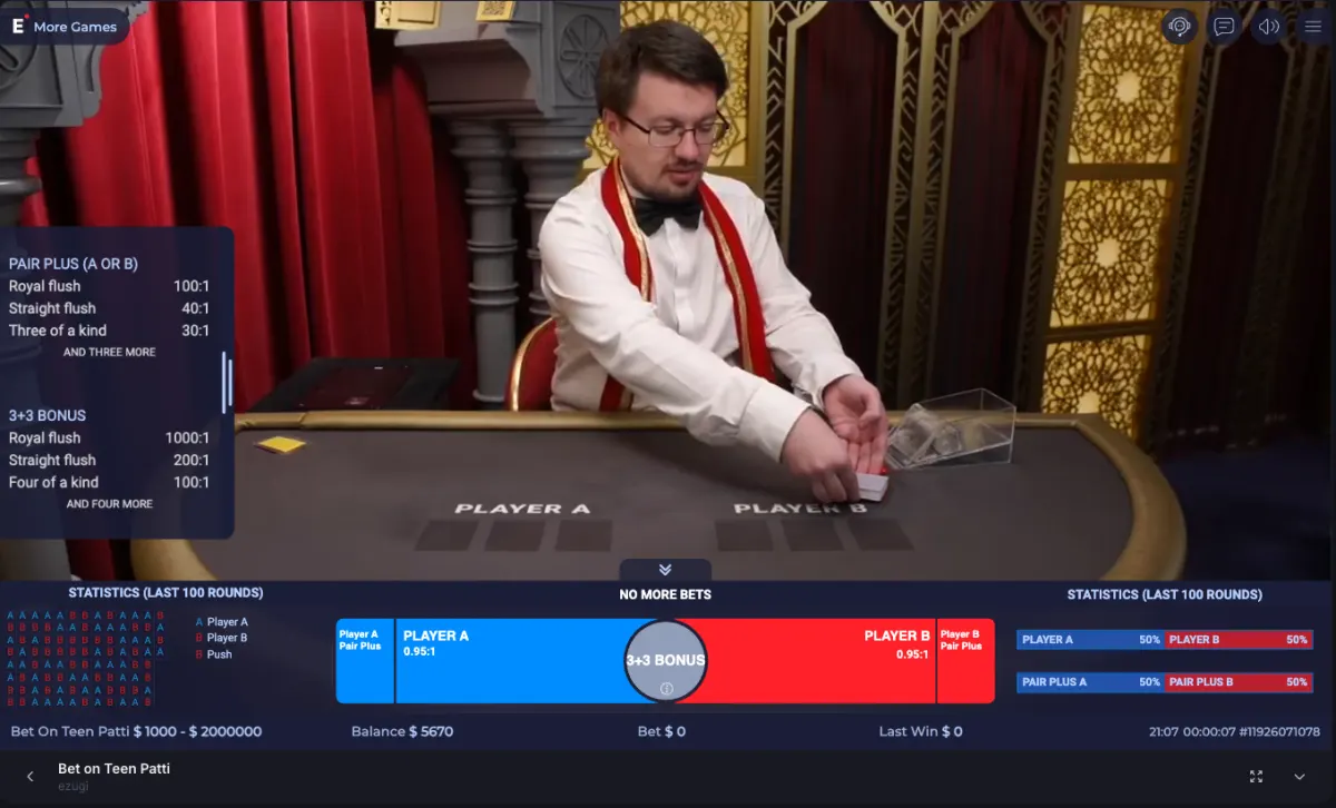 Pin Up Teen Patti live table reference view used to answer FAQ questions about table layout, side bets, and betting zones