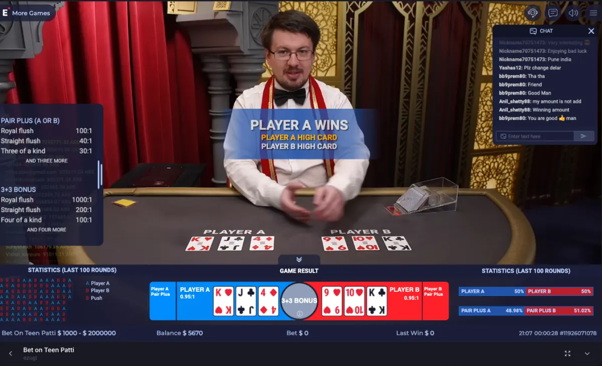 Pin Up Teen Patti live dealer round result showing Player A wins with visible dealt cards, chat panel, statistics, and round timer