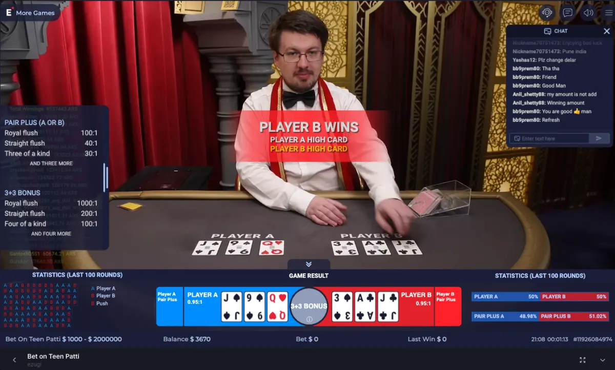 Pin Up Teen Patti live round result showing Player B wins with visible cards, game result banner, chat panel, and statistics