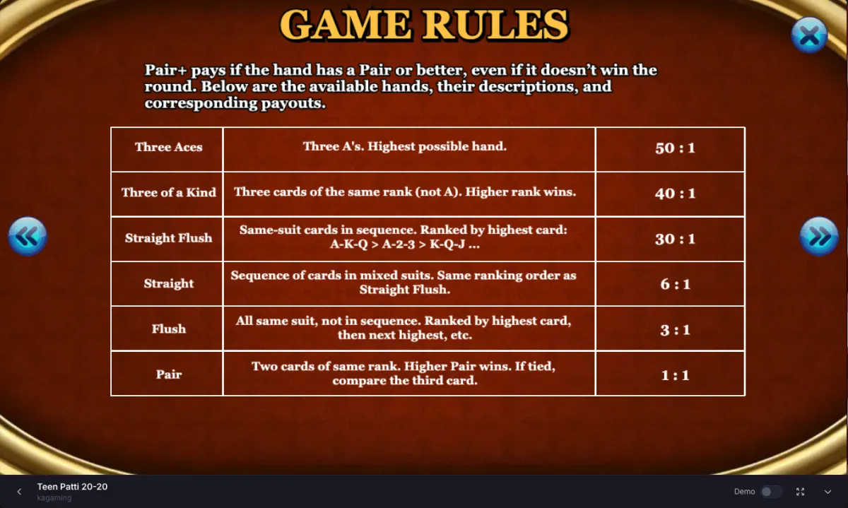 Teen Patti pair-plus payout table showing three aces, three of a kind, straight flush, straight, flush, and pair payouts