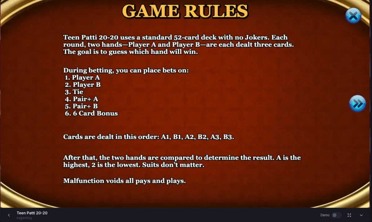 Teen Patti 20-20 game rules screen showing Player A, Player B, Tie, Pair A, Pair B, and 6 Card Bonus bet options