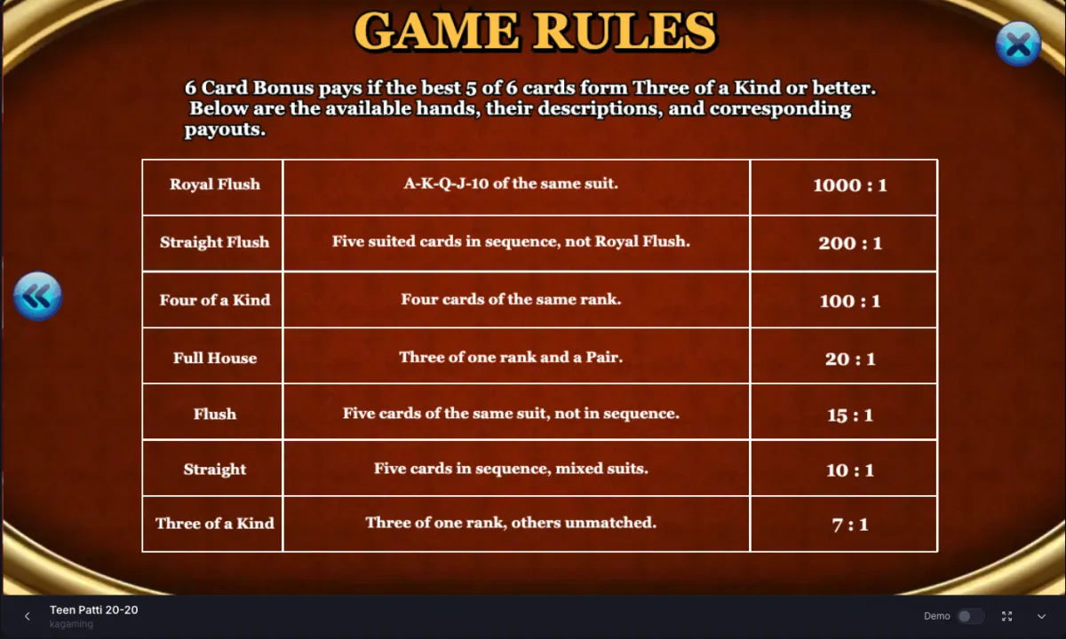Teen Patti six card bonus payout table showing royal flush, straight flush, four of a kind, full house, flush, straight, and three of a kind payouts